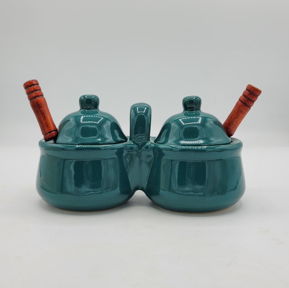 Teal Ceramic Vintage Taiwan Double Condiment Jar with Lids & Wooden Handle Spoon - Picture 1 of 8